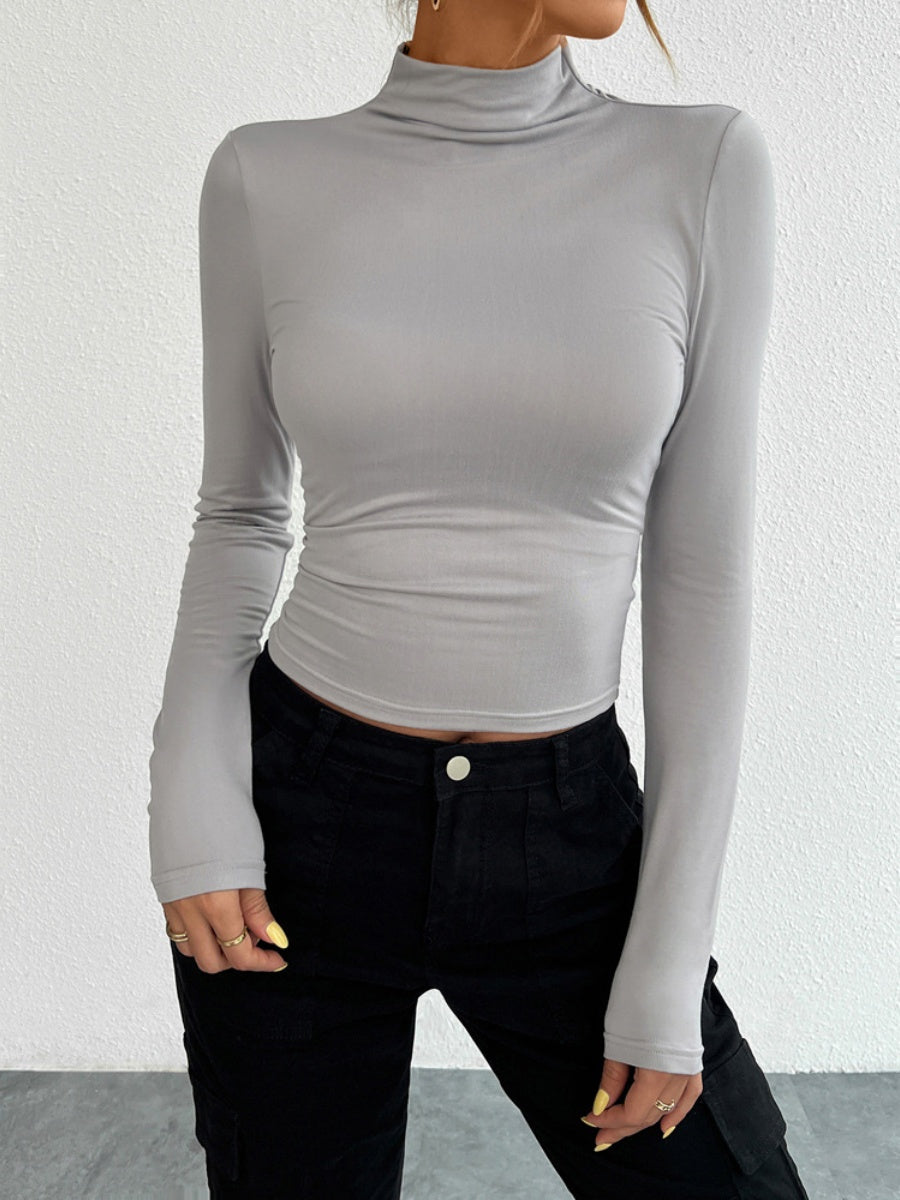 Simplicity Navel Solid Color Turtleneck Long Sleeve T-shirts