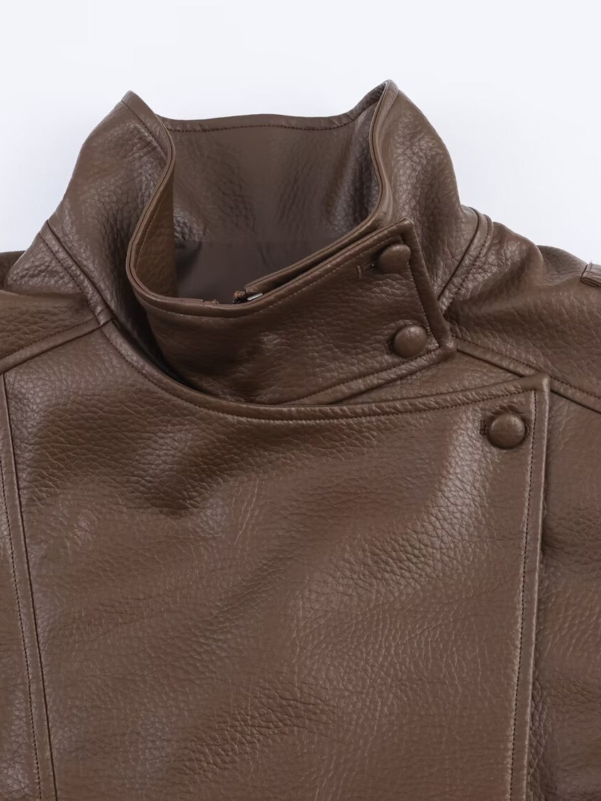 Pocket Stand-up Collar Faux Leather Jacket