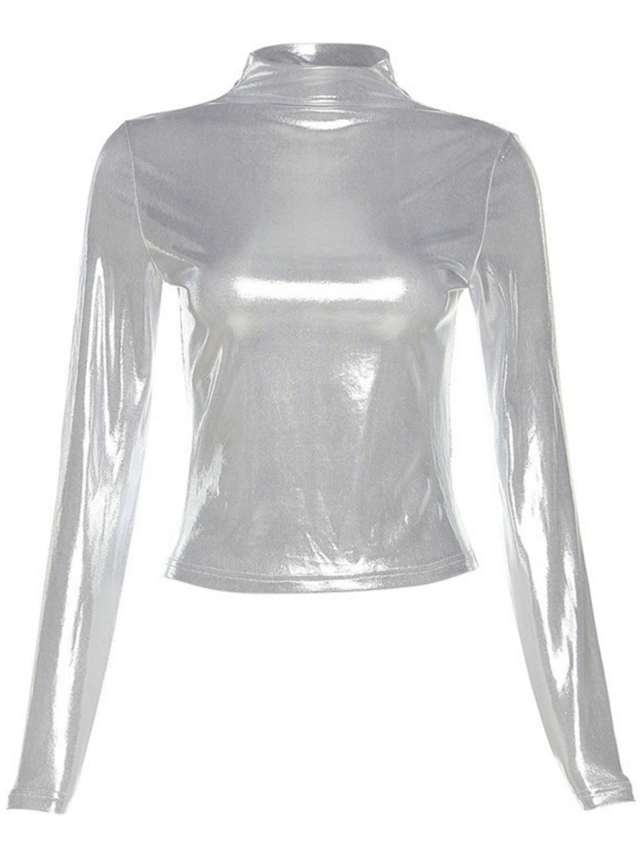 T-shirts à col roulé mi-long en cuir verni métallisé à manches longues et coupe ajustée