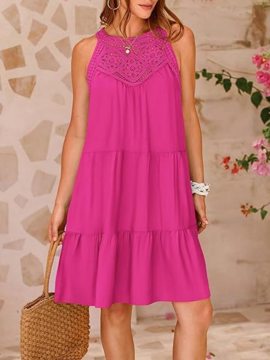 Loose-fit Trim Hollow Lace Halter Mini&Short Dresses