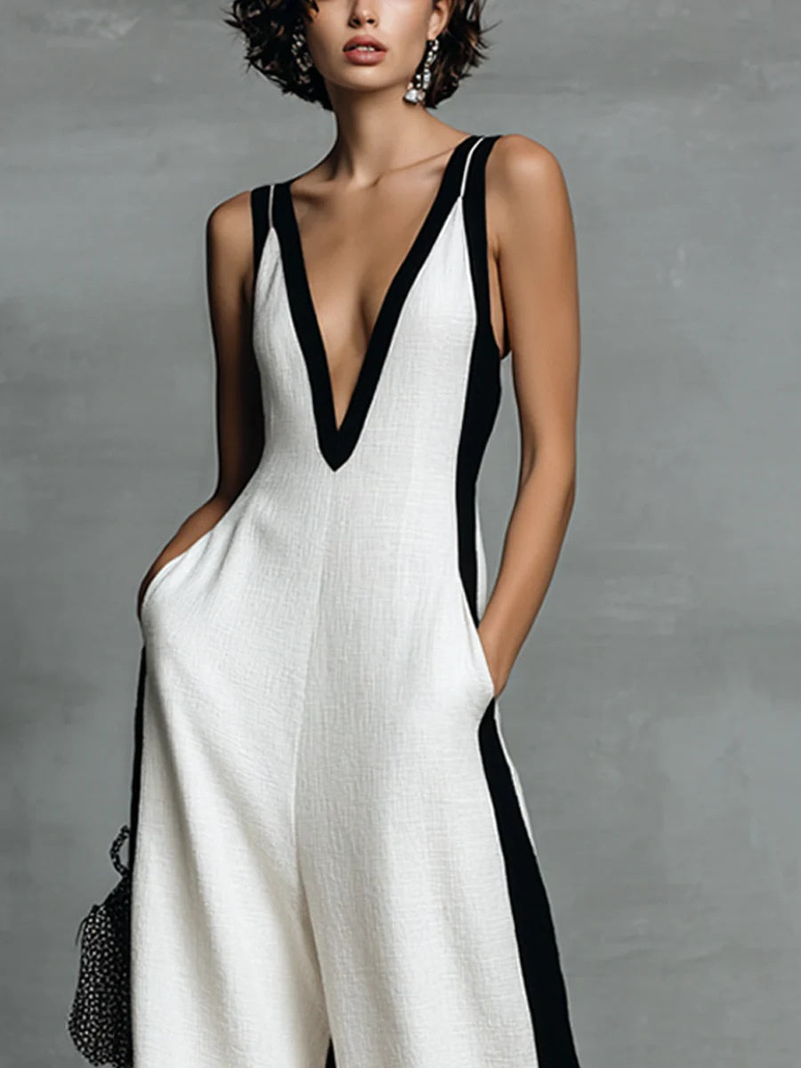 Black And White Cotton Linen Color-blocked Spaghetti Strap Jumpsuit