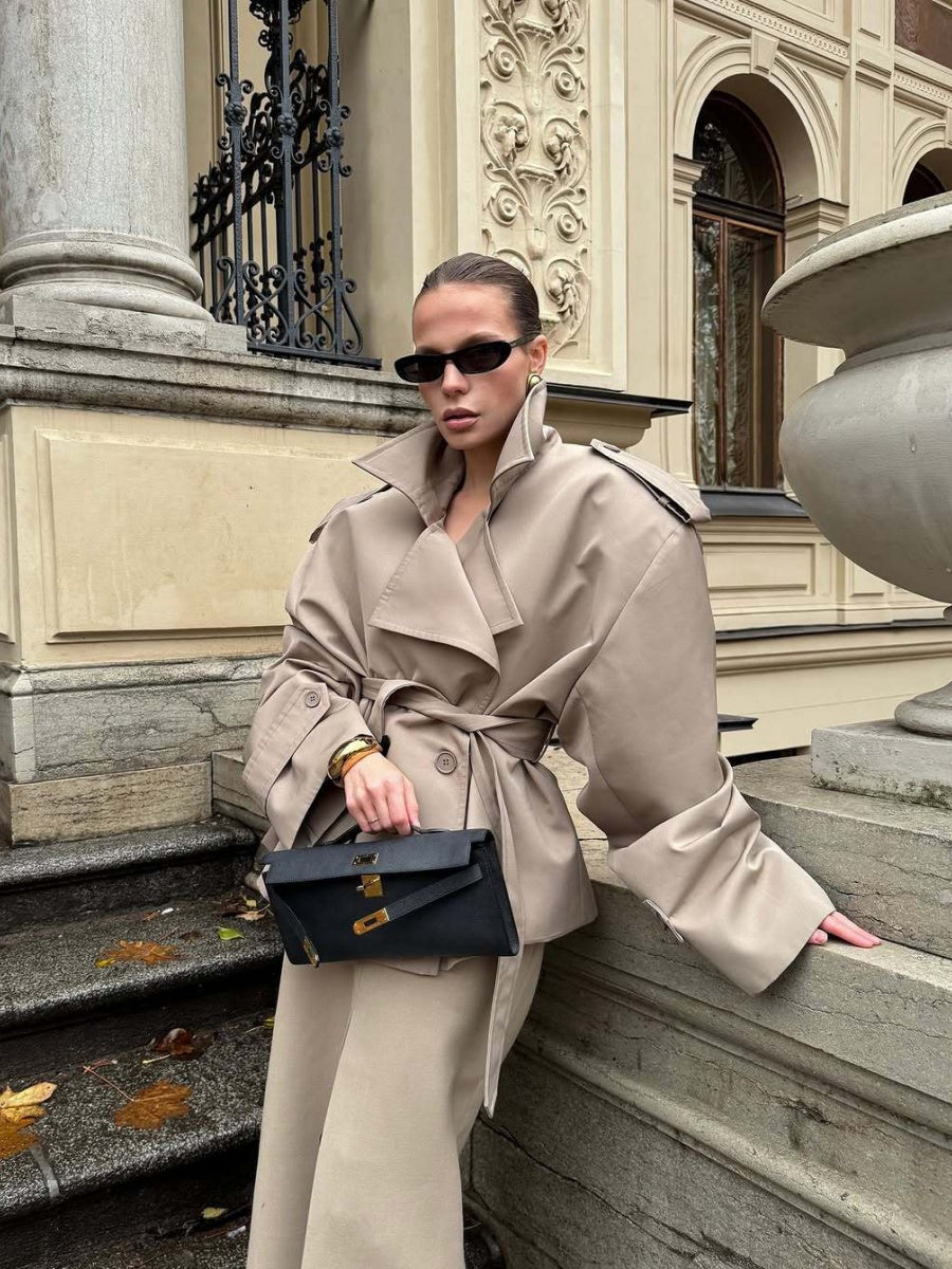 Khaki Lapel Long Sleeve Lace Up Short Trench Coats