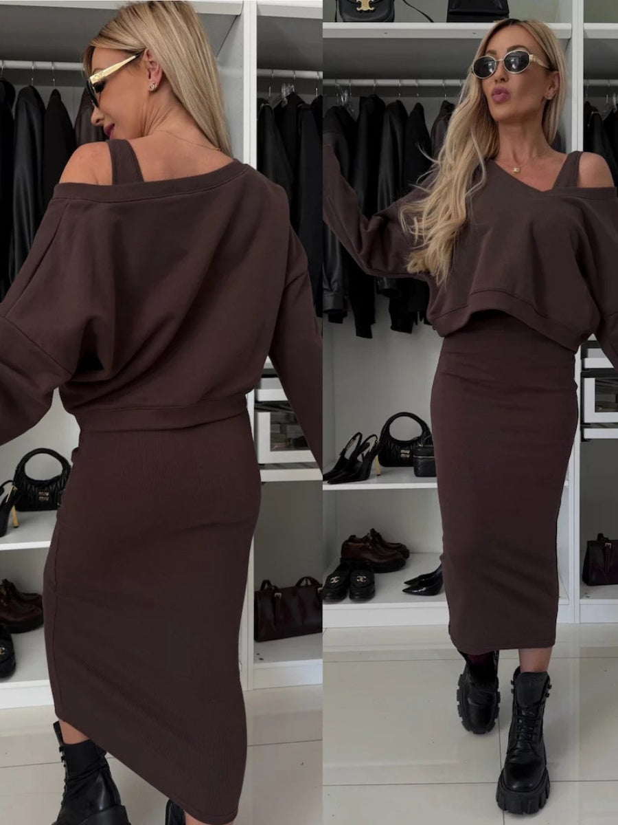 Liber Autumn women's V-neck clothing Pullover solid color long sleeve two piece dress