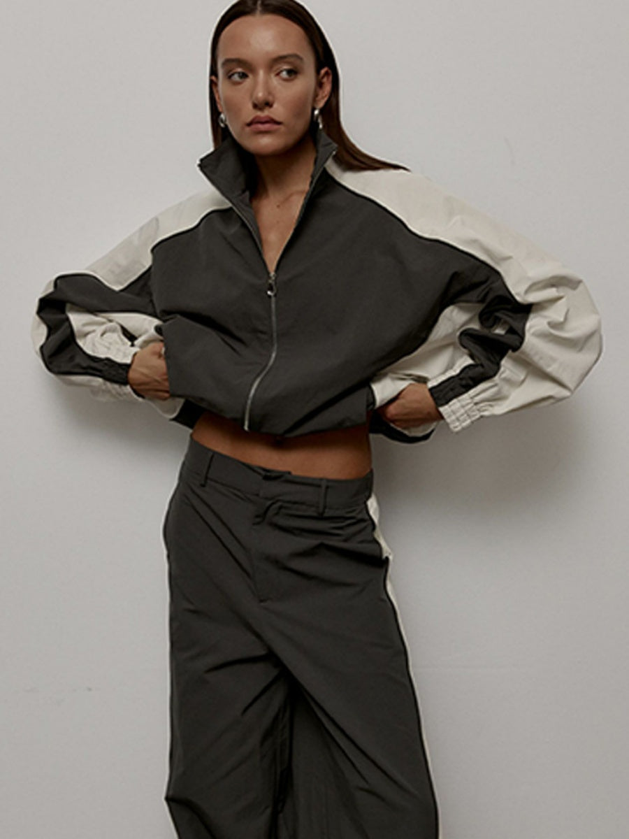 Liber Autumn women's drawstring clothing Colorblock long-sleeved two-piece jacket