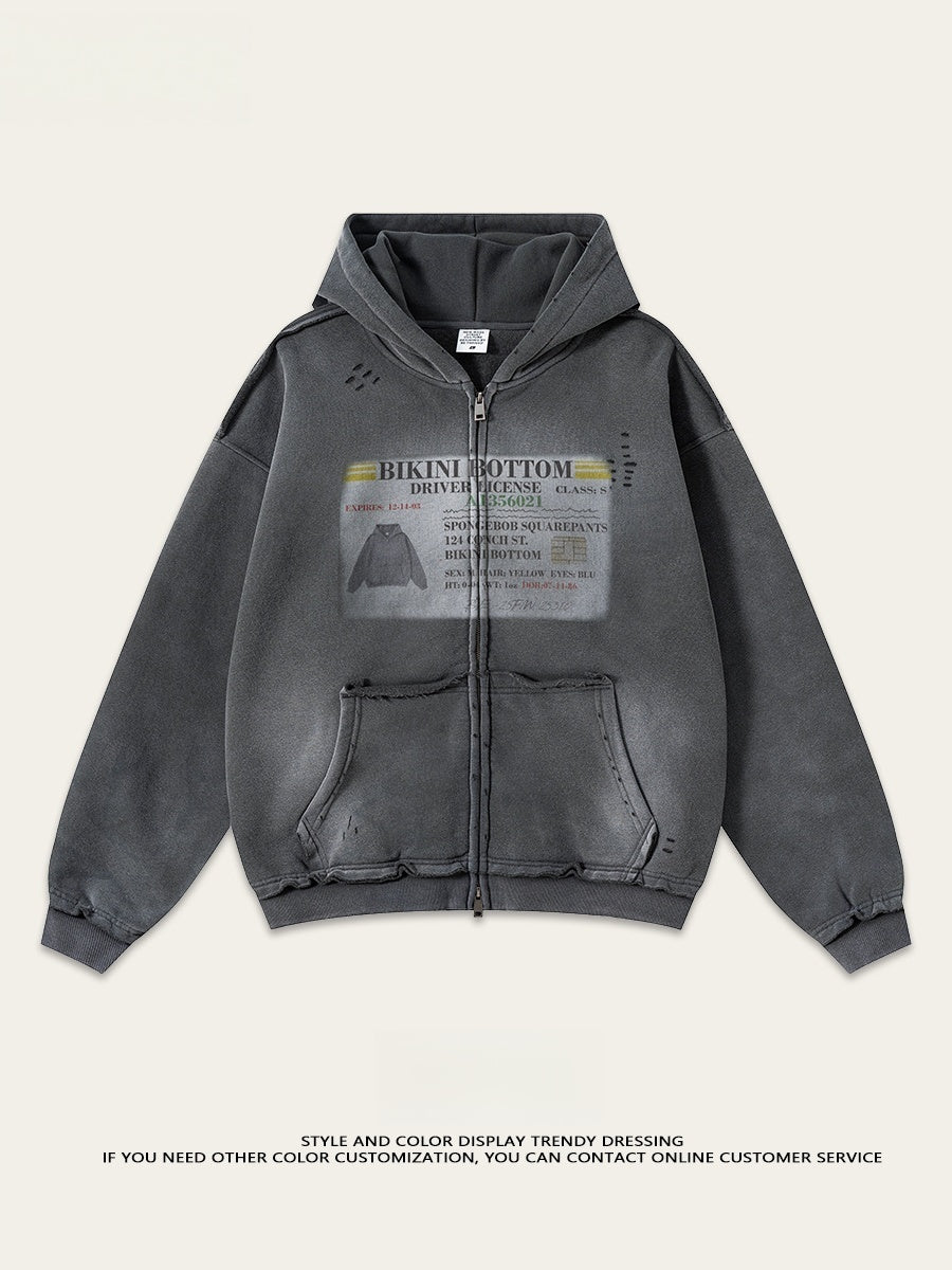Cardigan mit abgenutztem, gewaschenem Print-Hoodie