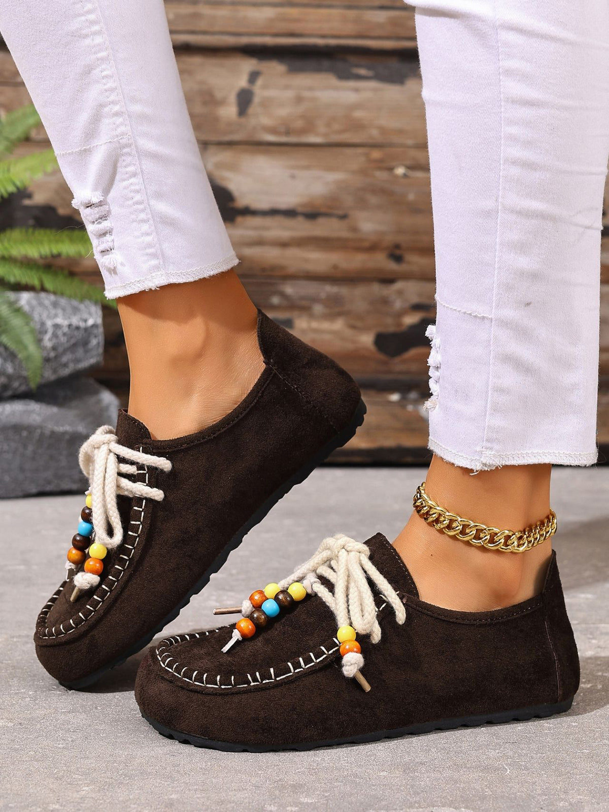 Lace-up Beaded Casual Suede Retro Round Toe Flat Shoes