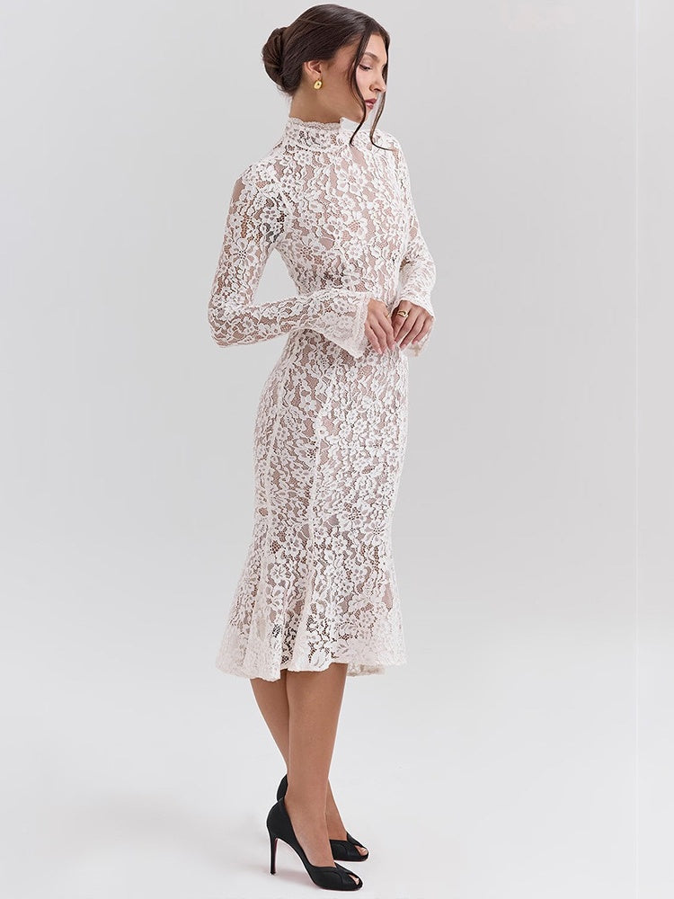 White Lace Long Sleeve Crew Neck Fishtail Slim Fit Dress