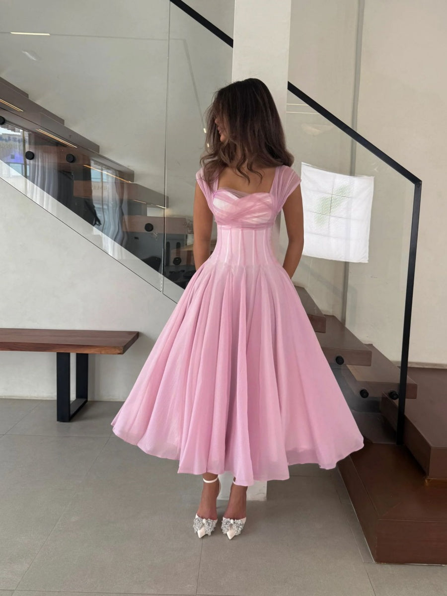 Mesh Splicing Waist Big Swing Midi Dresses