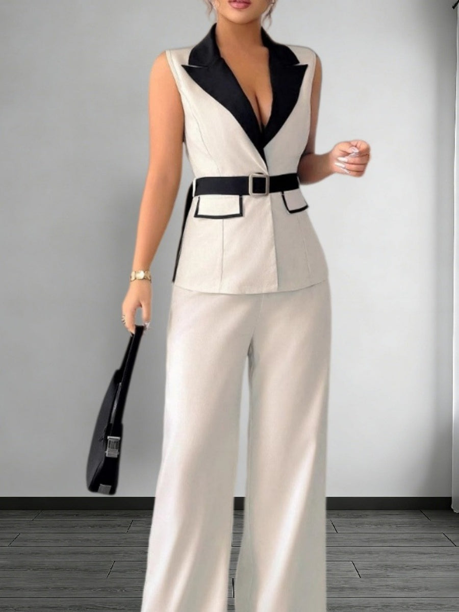 Straight-leg Trousers And Color-blocked Vest Two-piece Set