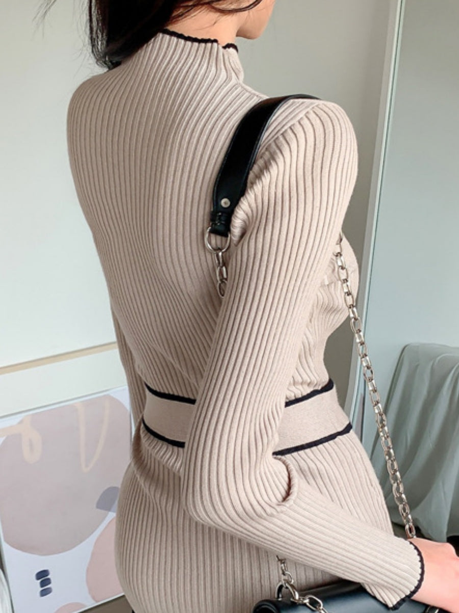 Autumn/Winter Retro Niche High-Neck Slim Fit Elegant Color Block Mid-Length Tie-Waist Knit Dress