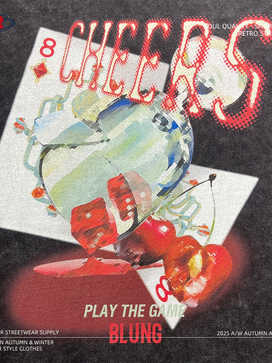 Washing And Aging Retro Poker And Dice Game Direct Inkjet Printing Long-sleeved T-shirt