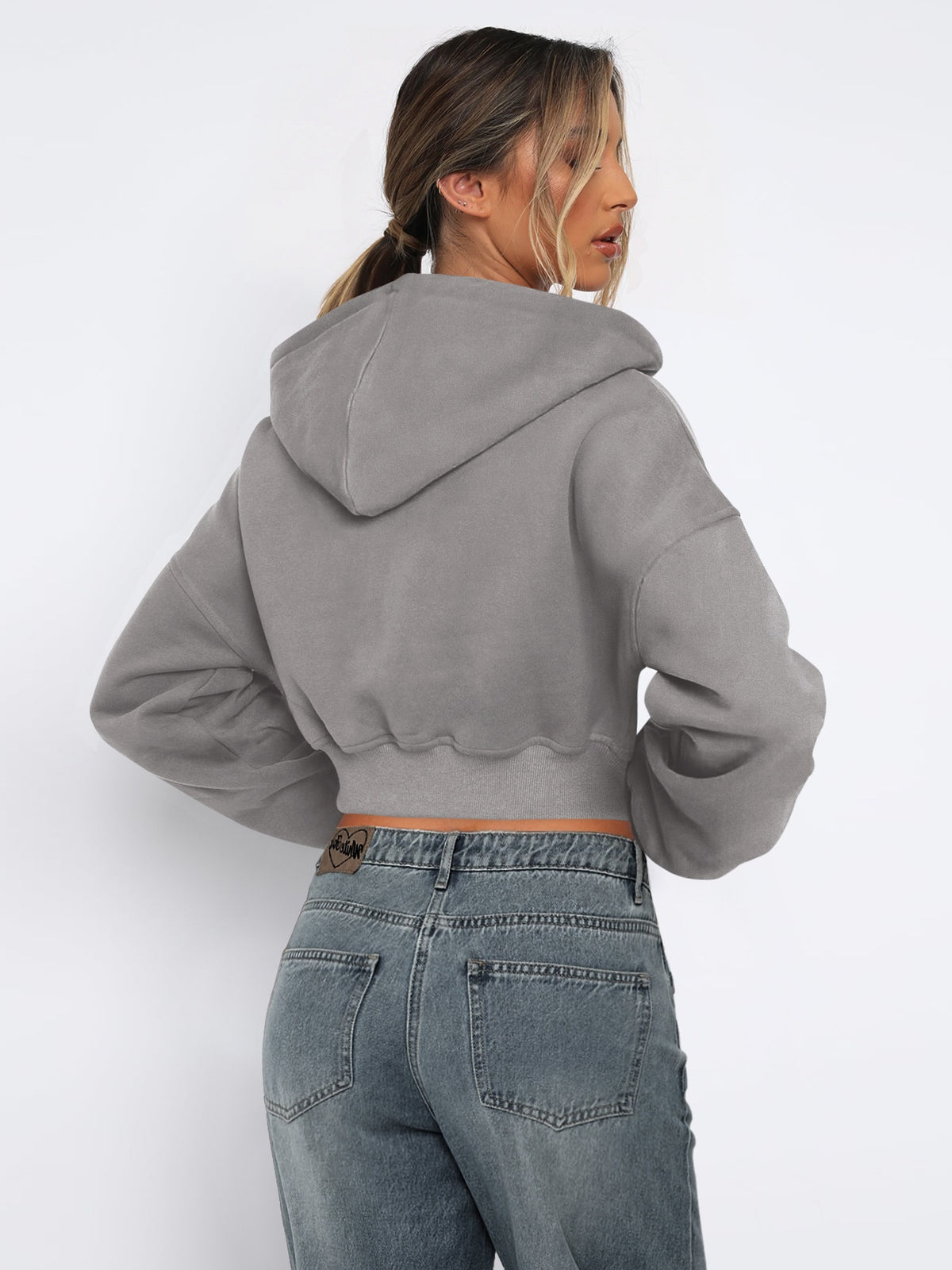 Women's Autumn/Winter Solid Color Zipper Cardigan Long Sleeve Short Hooded Sweatshirt