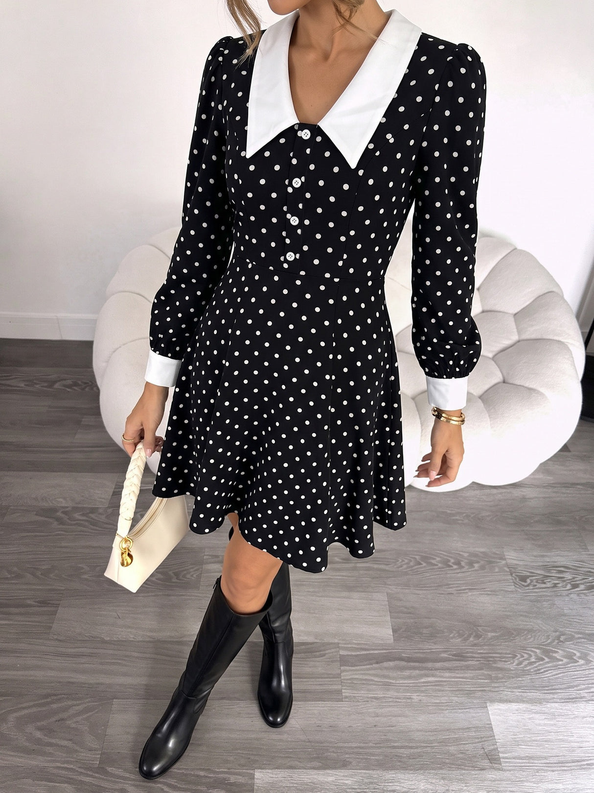 Polka Dot Long-sleeved Sweet A-line Short Dress With A Fitted Waist