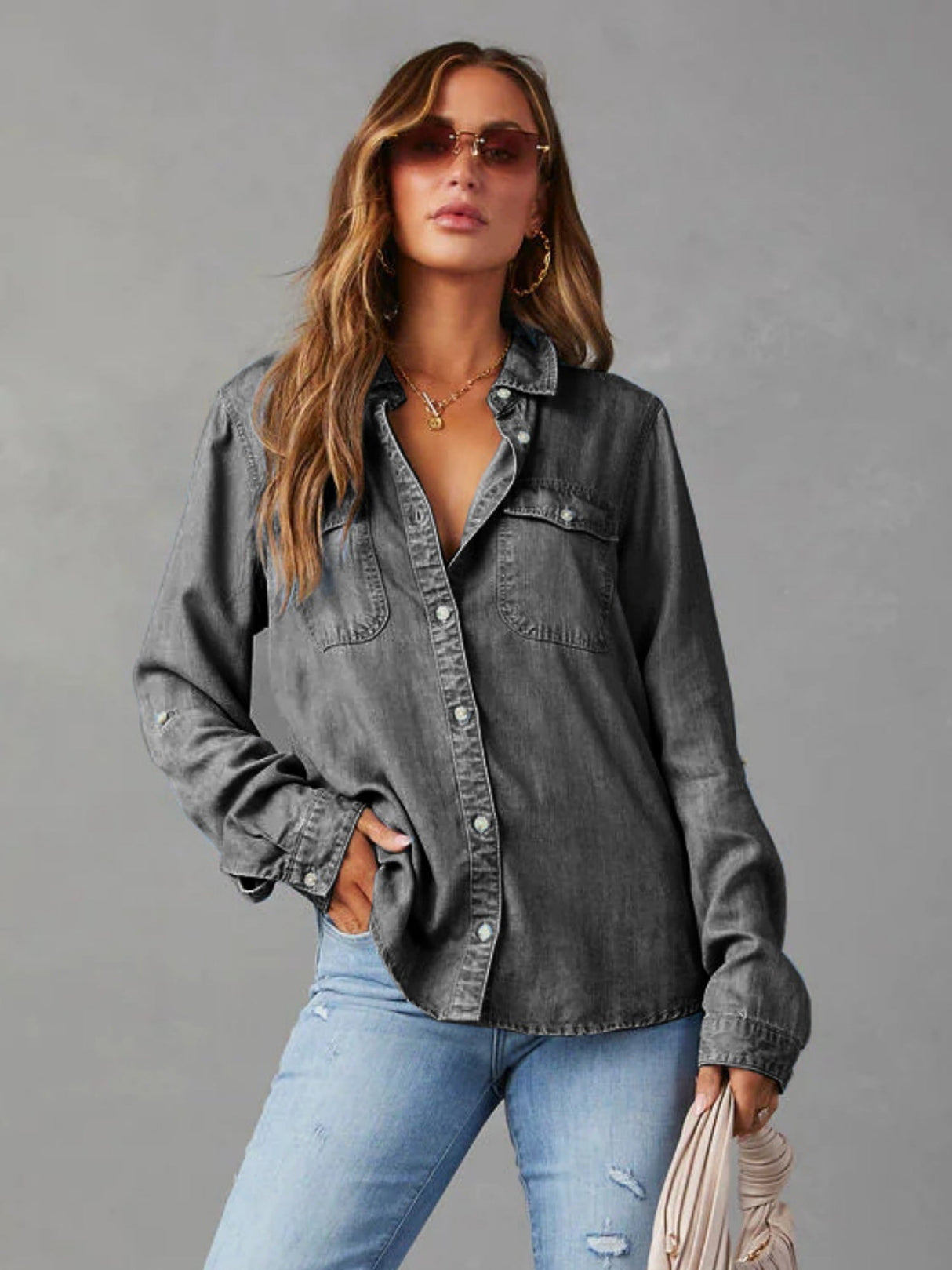 Lapel Single-breasted Long Sleeves Denim Shirt