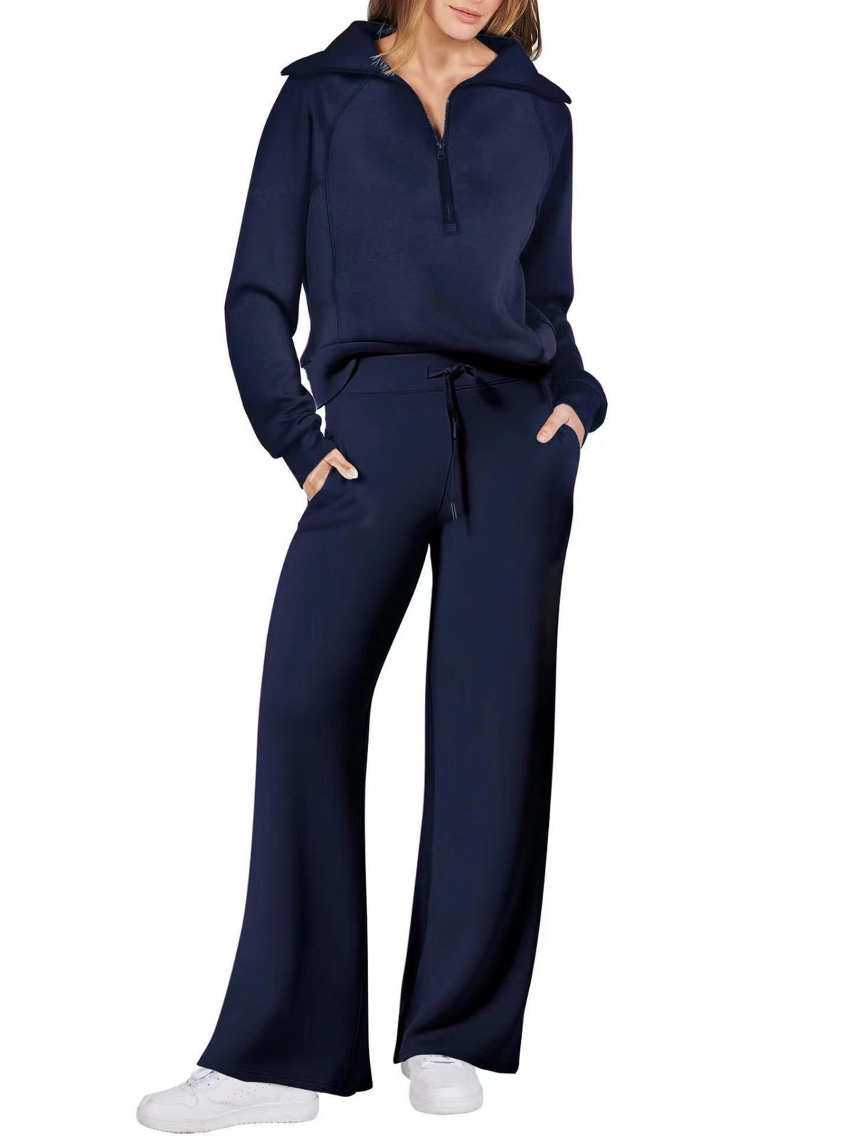 Women's Casual Sportswear Set: Zippered Long-Sleeved Sweatshirt And Wide-Leg Pants Two-Piece Set