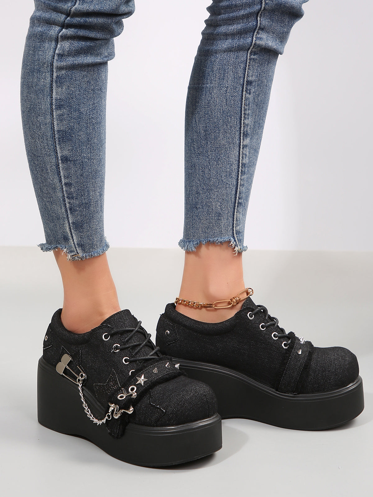 Denim Studded Wedge Platform Shoes