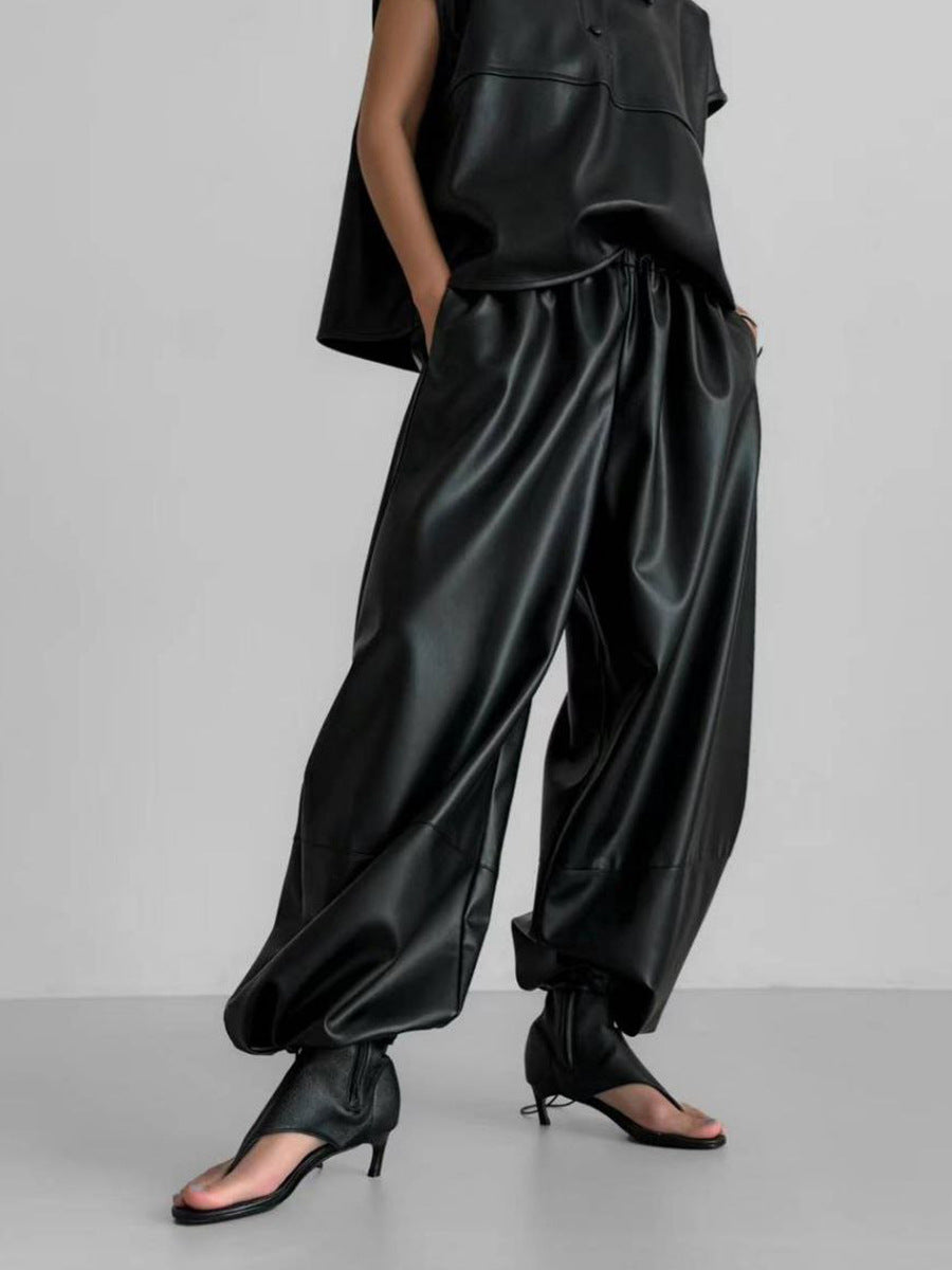 Drawstring Ankle Lantern Pants Loose Leather Pants PU Leather Trousers