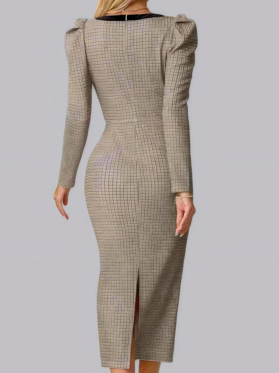 Bow Long Sleeve Tight Fit Bodycon Dress Plaid Knitting Workplace Midi Dresses
