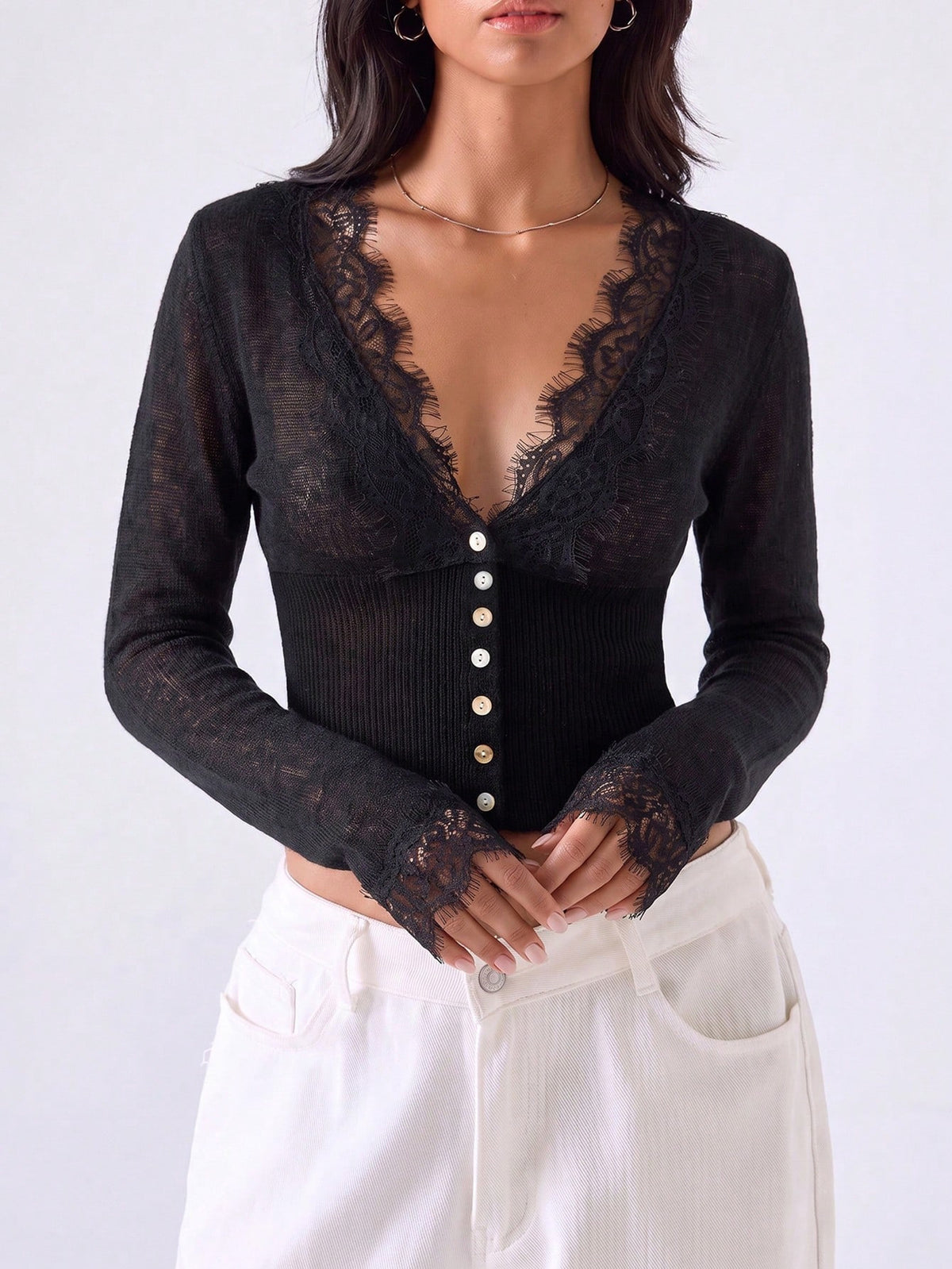 Lace Knitwear Slim-fit V-neck Solid Color Blouse&Shirts