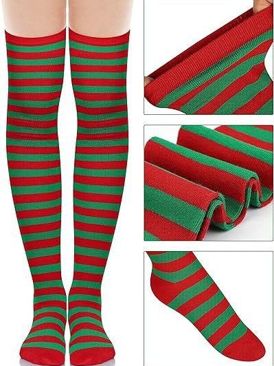 Christmas Velvet Dress Belt Striped Over-the-knee Socks Elf Hat Elf Costume Multi-piece Sets