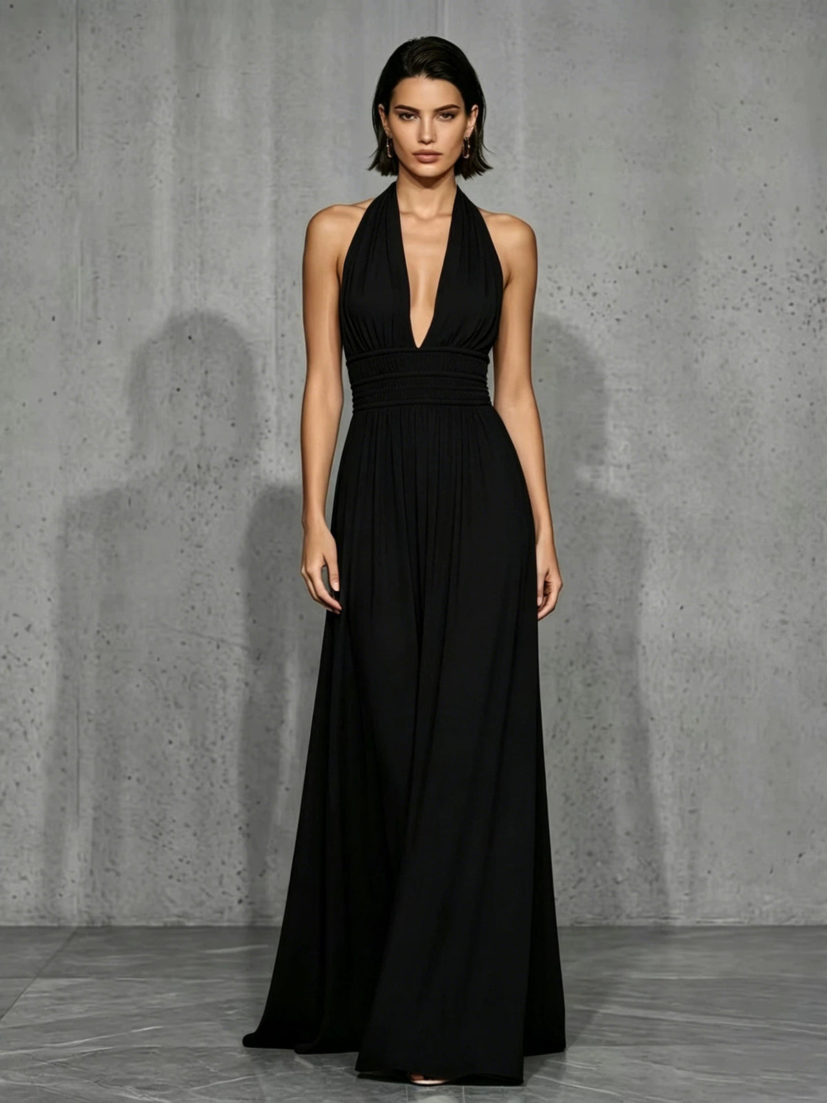 Off-shoulder And Backless Solid Color Halter Neck Long Dress