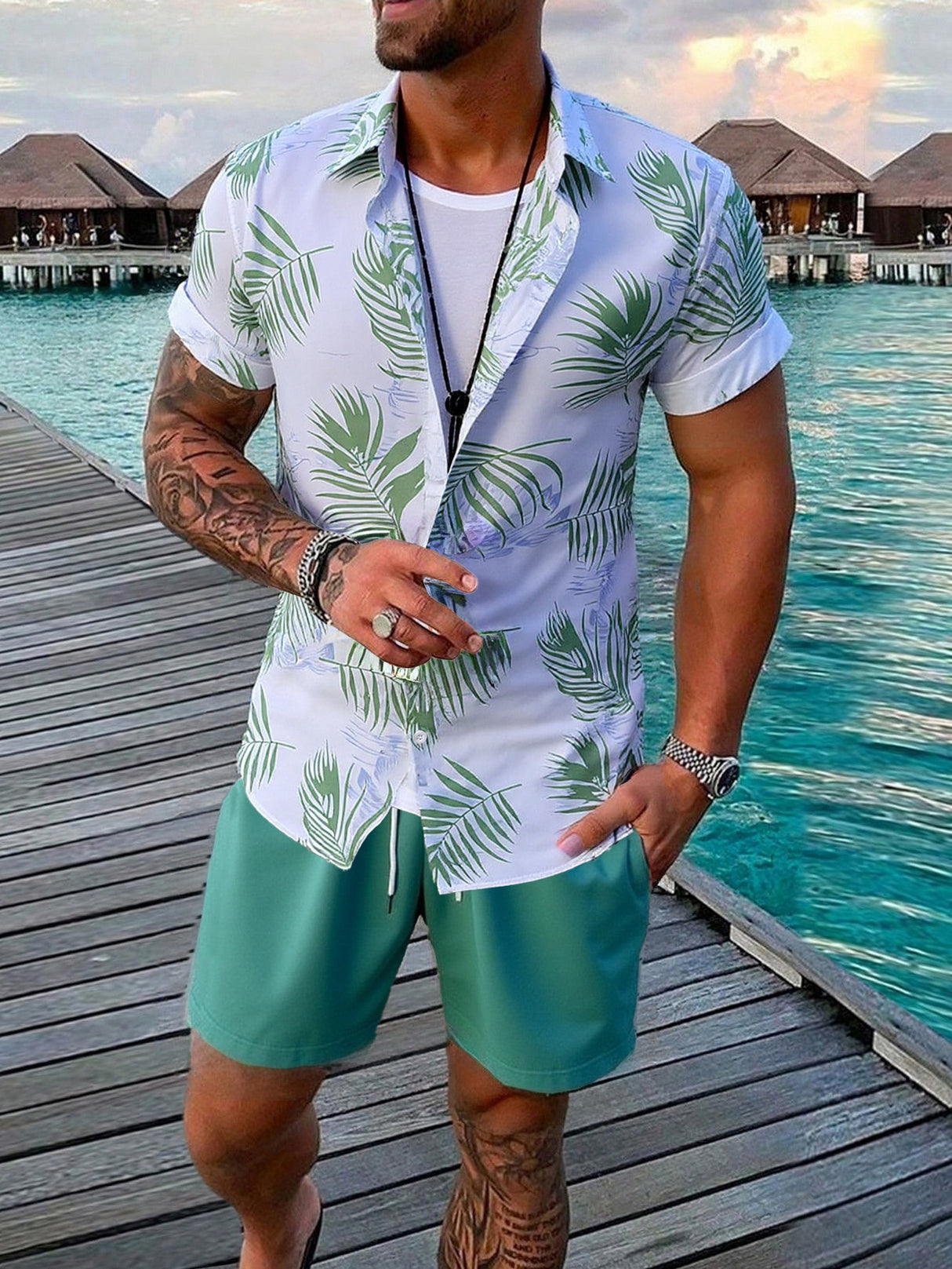 Plant Printed Hawaii Beach Set 2-piece Sets