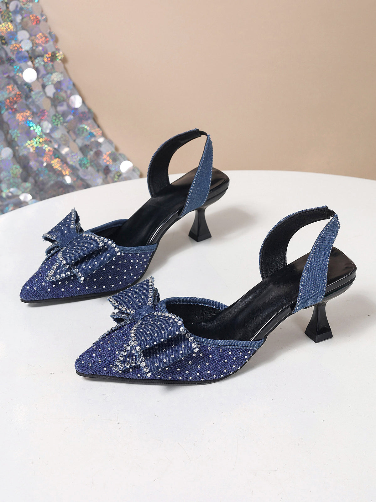 Rhinestone Pointed Bow Backless High Heels