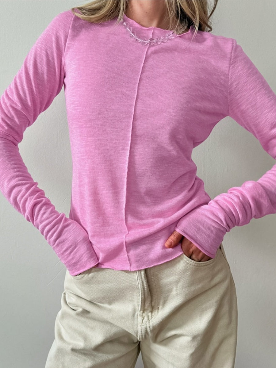 Liber Autumn Women's Splicing Solid Color Long sleeve Crew Neck T-shirts