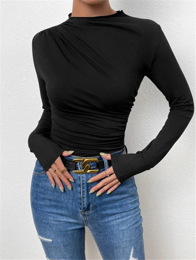 Solid Color Slim Fit Base Layer Versatile Pleated Long-sleeved T-shirt