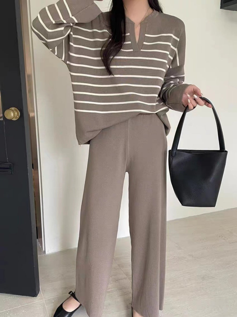 Stylish Two-piece Set: Loose Striped Knit Top, Casual High-waisted Wide-leg Knit Pants