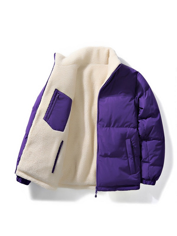 Stand Collar Color-blocked Reversible Lamb Wool Jackets