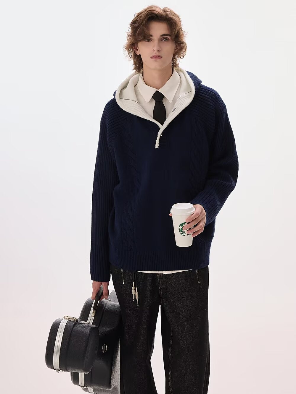 Layered-look Hooded Half-zip Color-block Sweater