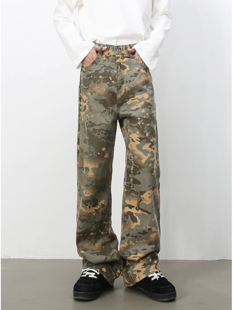 Camouflage Ins Loose-fit Straight-fit Wide-leg Jeans