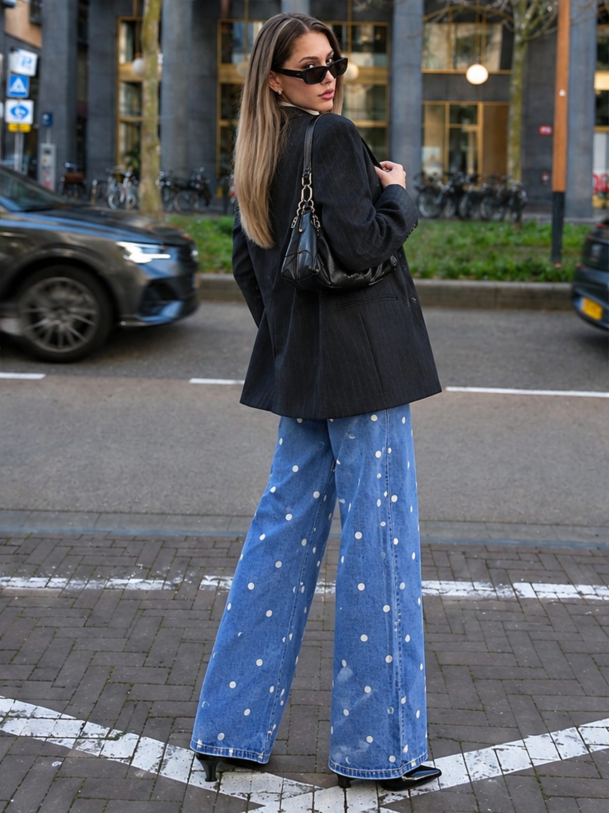Polka Dot High-waisted Wide-leg Jeans