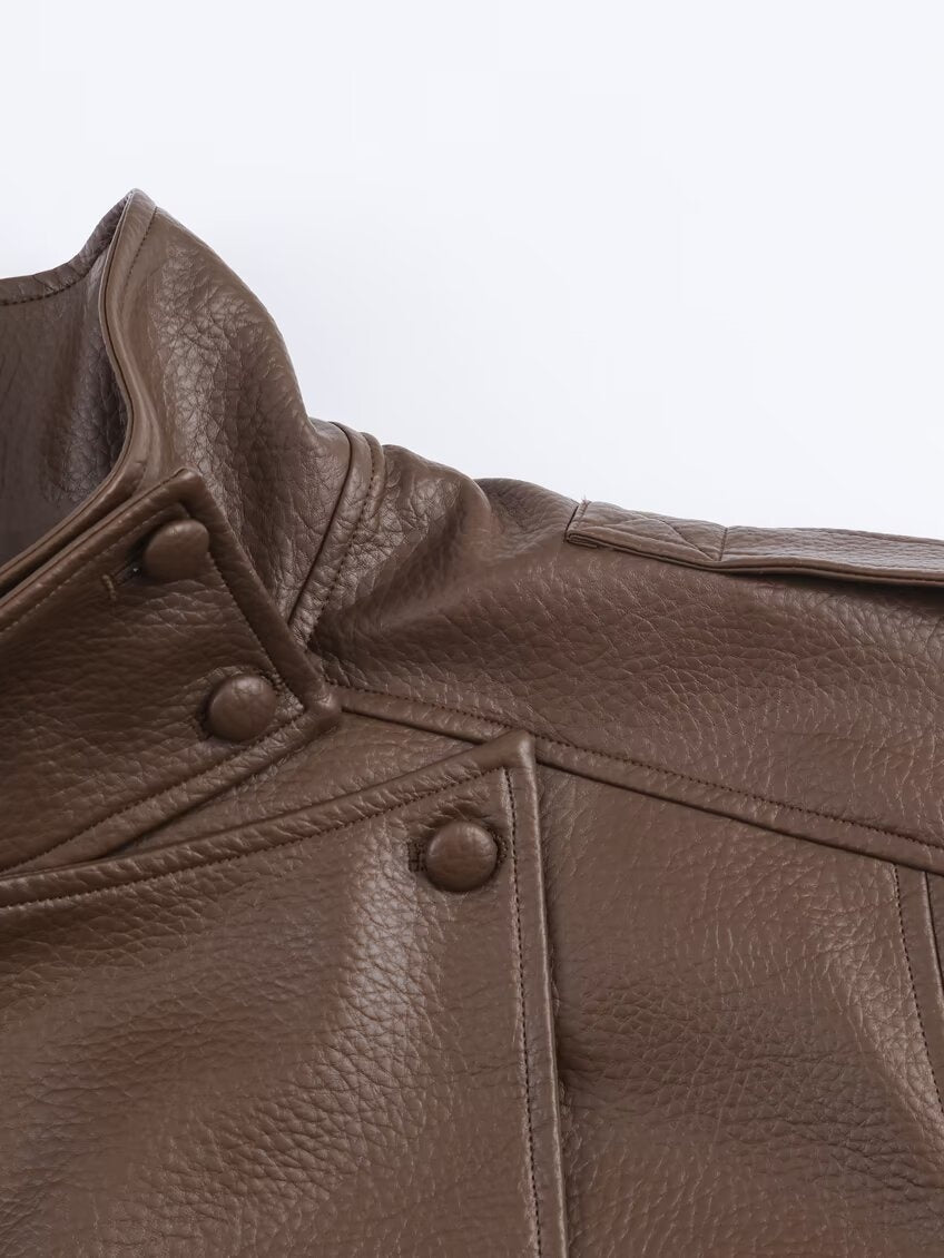 Pocket Stand-up Collar Faux Leather Jacket