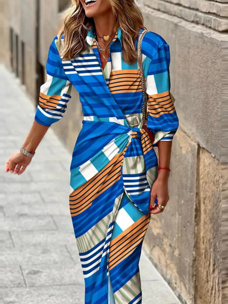 Wrap-up Shirt Collar Lace Up Printed Maxi Dresses