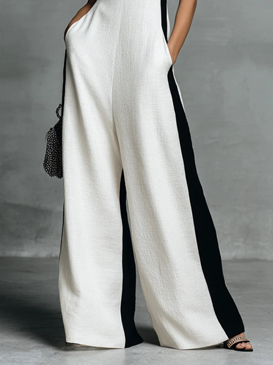 Black And White Cotton Linen Color-blocked Spaghetti Strap Jumpsuit