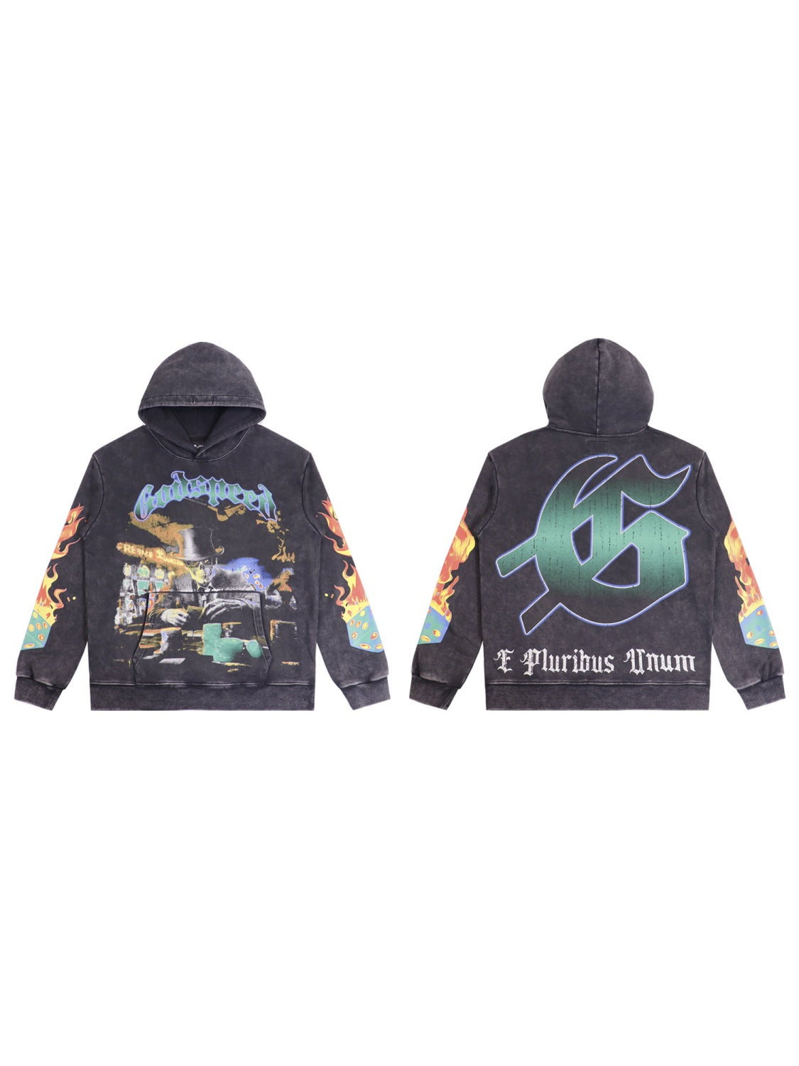 Rock Washed And Aged Skull Print Hooded Sweatshirt