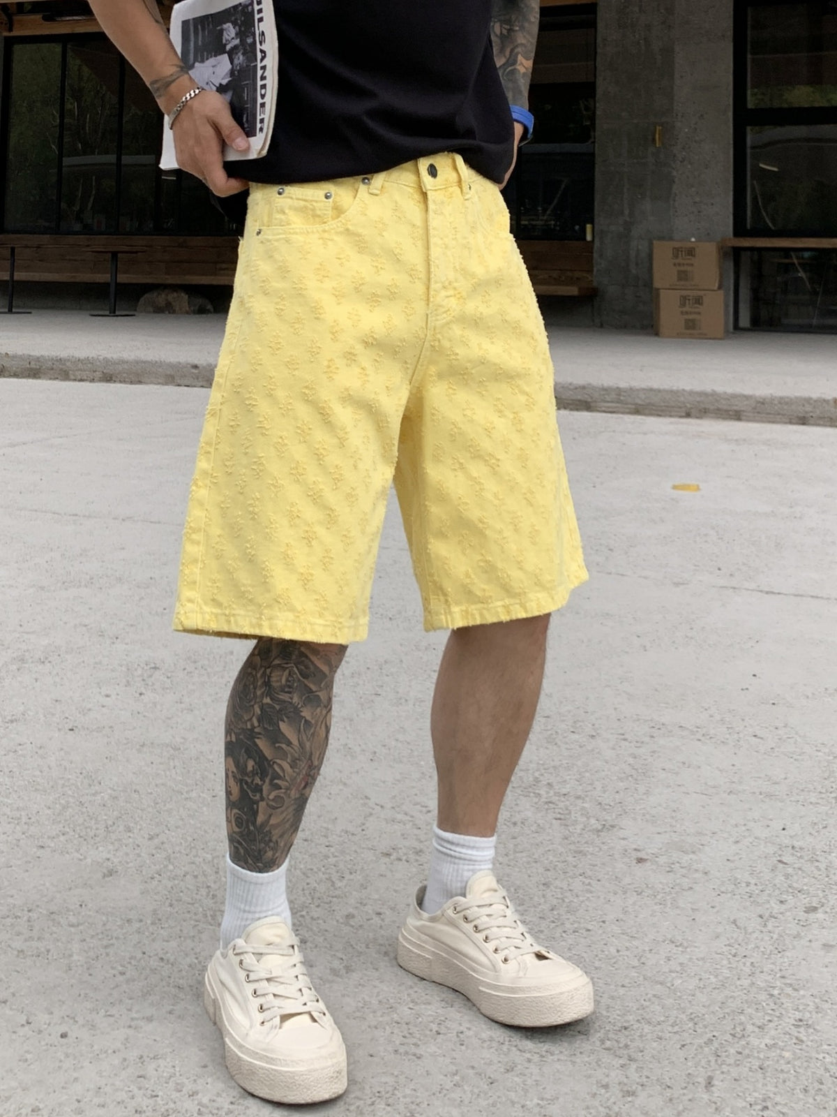 Jacquard Full Print Denim Lightweight Straight-fit Five Points Shorts