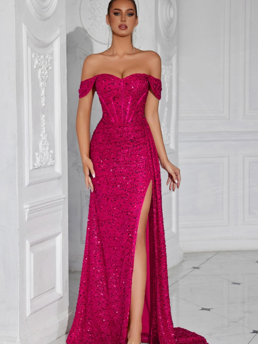 Sequined Strapless Sexy Banquet Dress With Slit, Long And Fitted