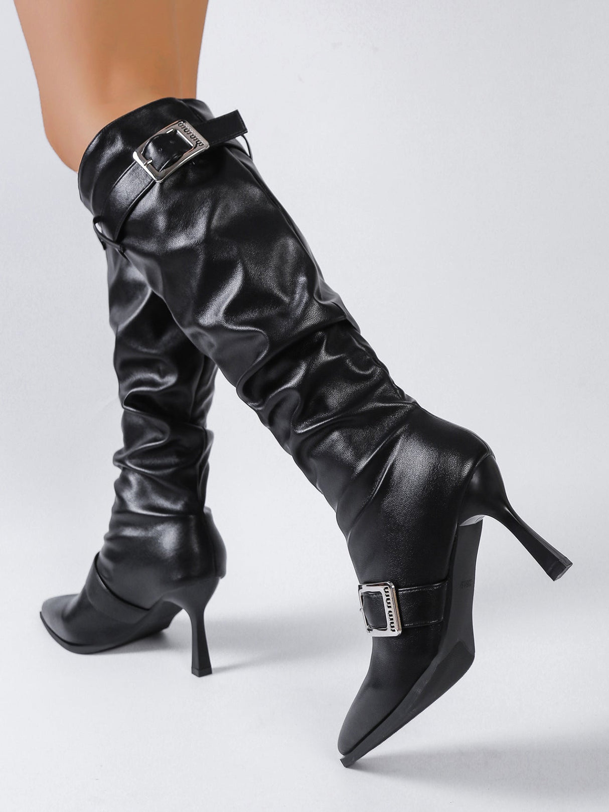Pleated High-top Pointed-toe Stiletto Heels With Buckle Belt For Women