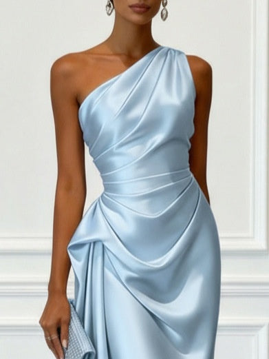 Off-the-shoulder Satin Pleated Maxi Dress