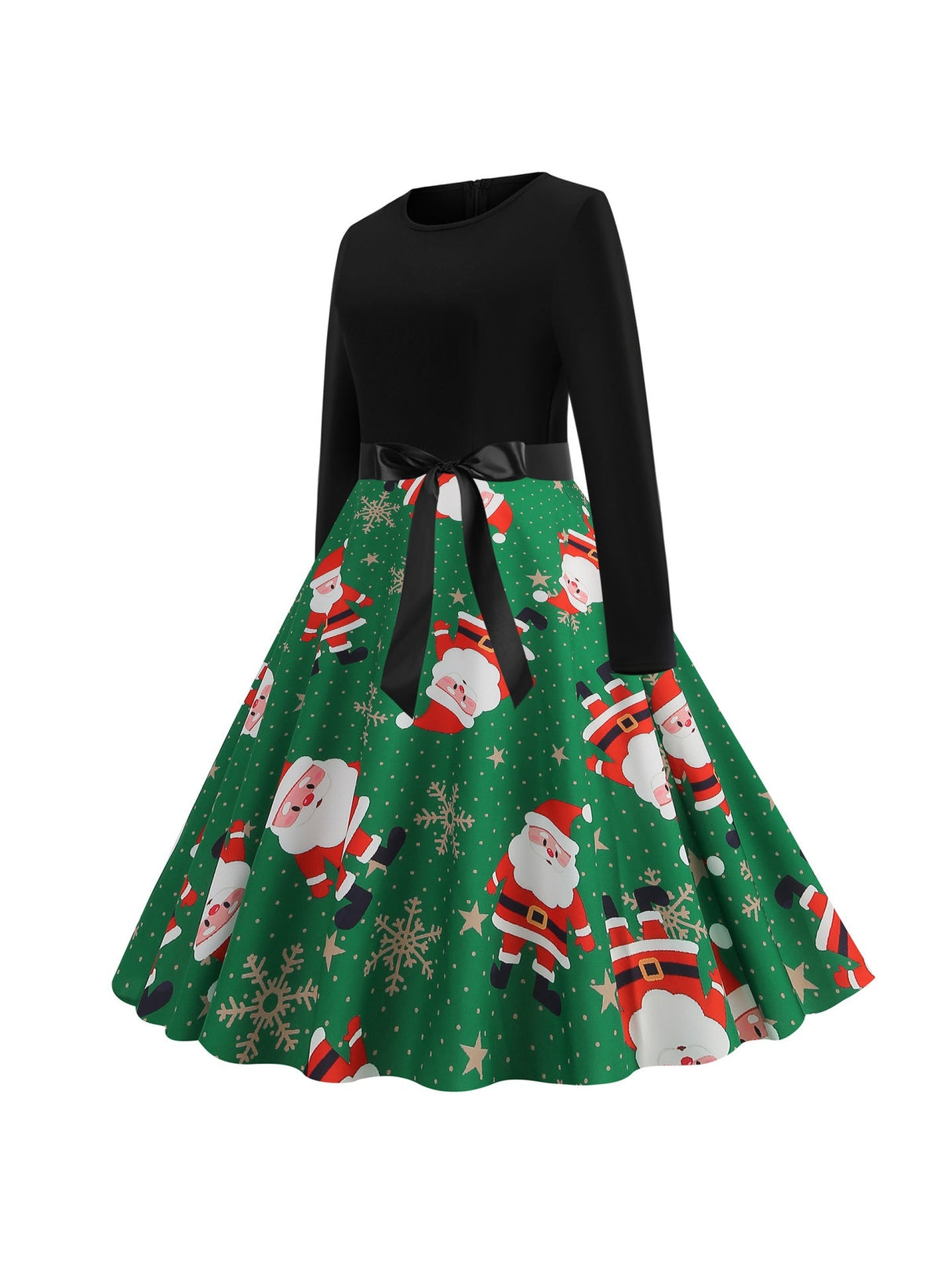 Christmas Crew Neck Splicing Long Sleeve Midi Dresses