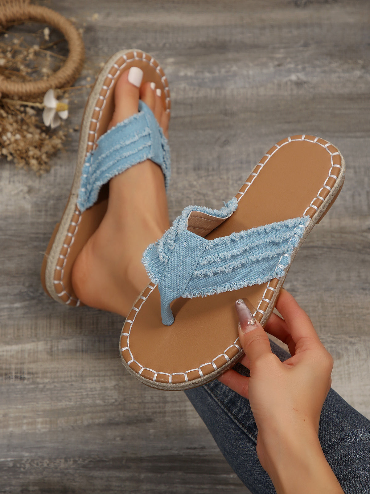 Denim Flip-Flops With Straw-lined Seams