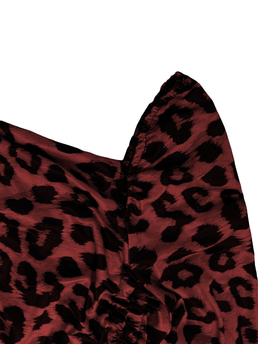 Long-sleeved, Slim-fit Leopard Print Drawstring Bodycon Top Mini&Short Dresses