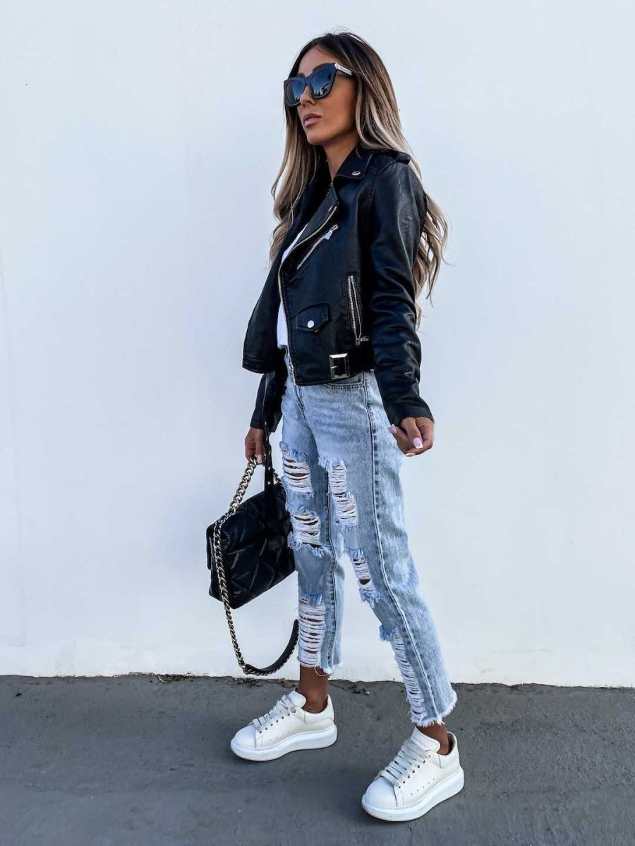 Vestes courtes en cuir PU avec poche zippée