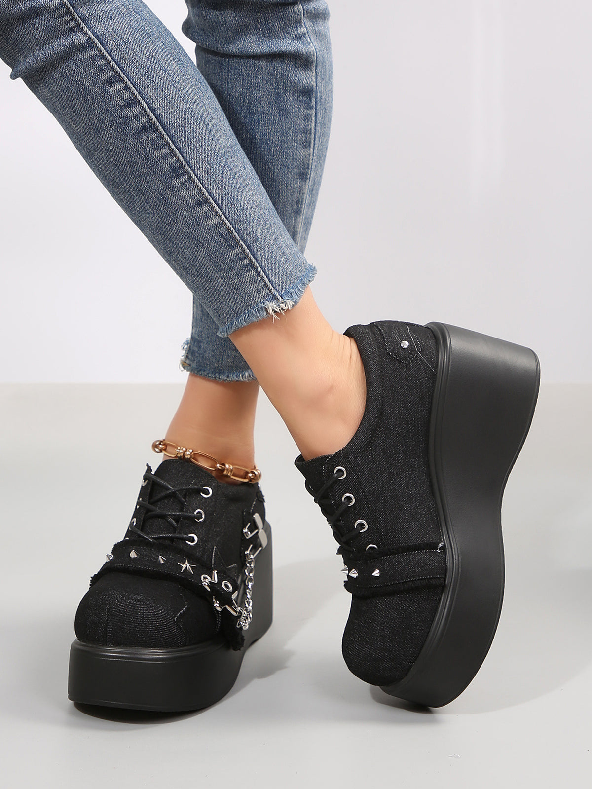 Denim Studded Wedge Platform Shoes