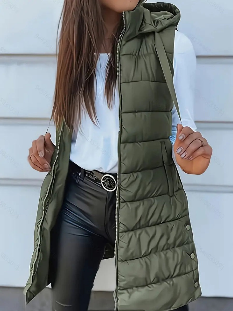 Mid-length Hooded Design Keep Warm Leisure Zipper Pocket Quilted Vest