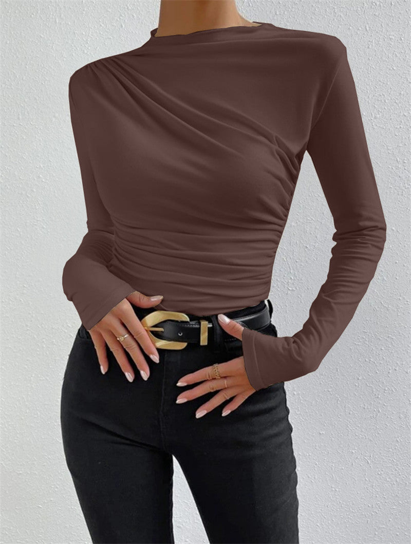 Solid Color Slim Fit Base Layer Versatile Pleated Long-sleeved T-shirt