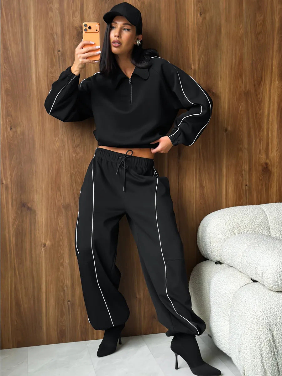 American Retro Color-blocked Striped Tracksuit For Women Two-piece Set: Collared Half-zip Sweatshirt And High-waisted Wide-leg Sweatpants